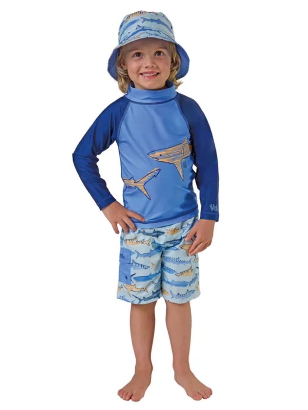 Kids Blue Shark Rash Guard Swim Set with Hat